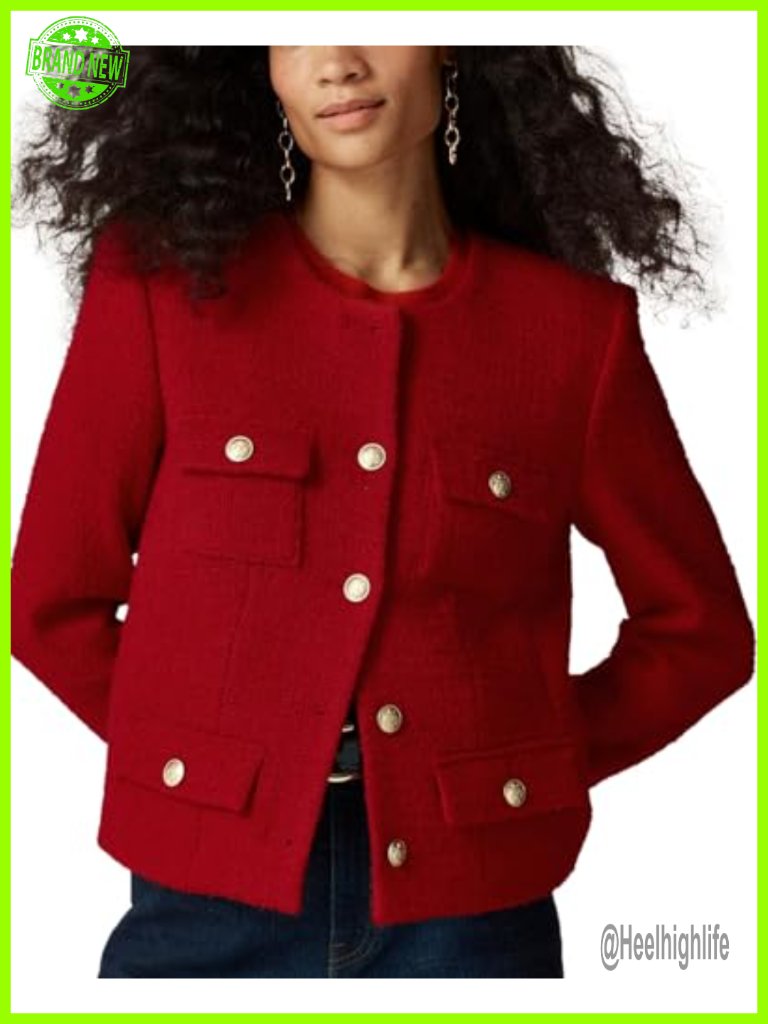 Cropped Tweed Collarless Blazer With Pockets Business Casual